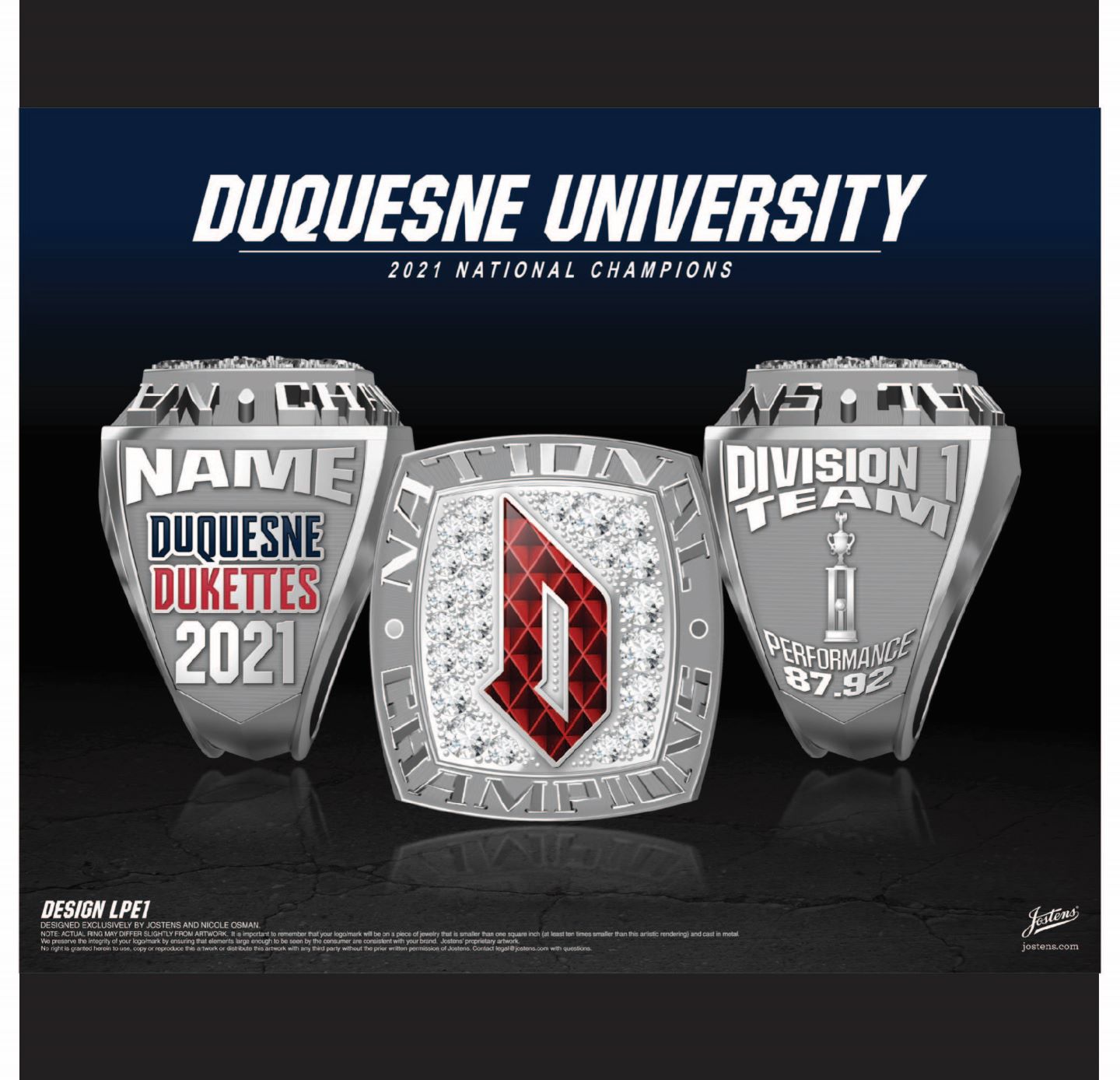 Duquesne University Women's Dance 2021 National Championship Ring