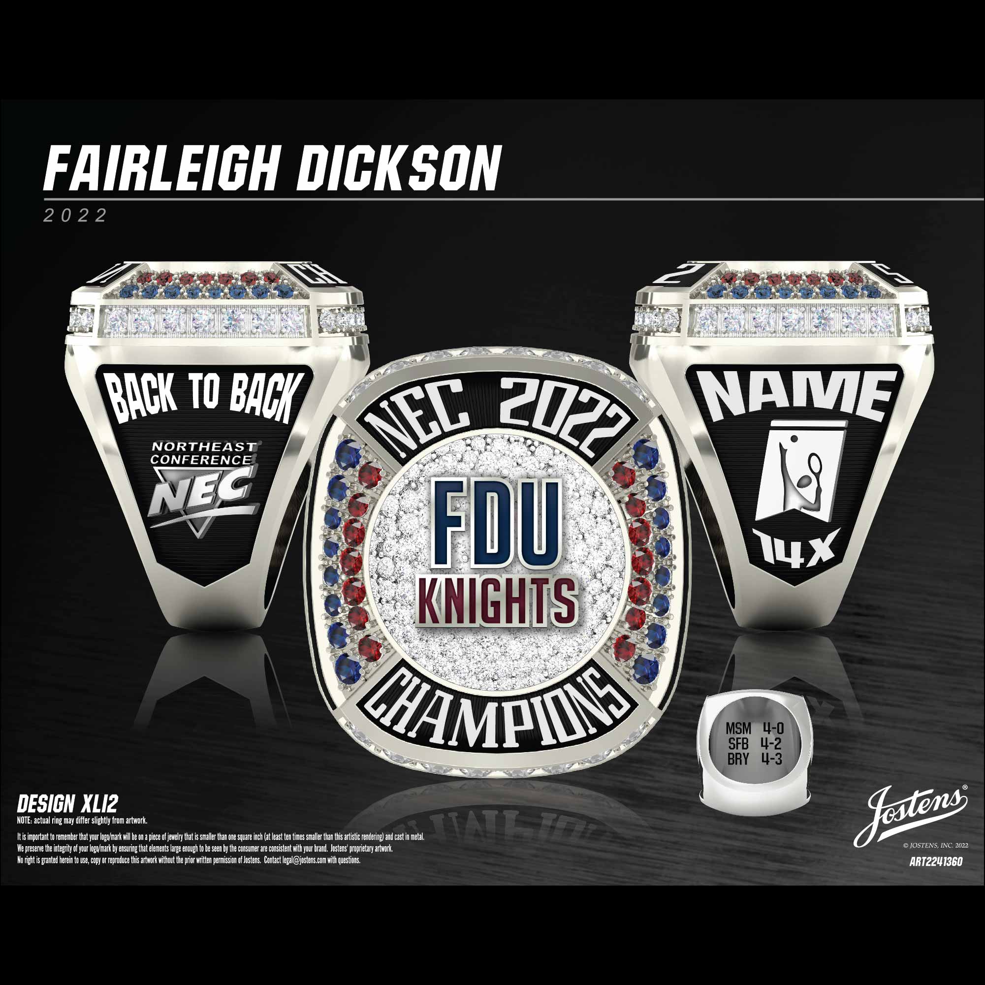 Fairleigh Dickinson University Men's Tennis 2022 NEC Championship Ring