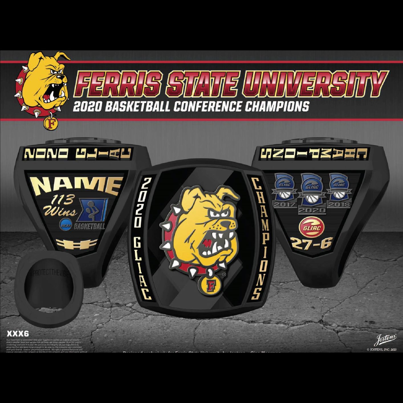 Ferris State University Men's Basketball 2020 GLIAC Championship Ring