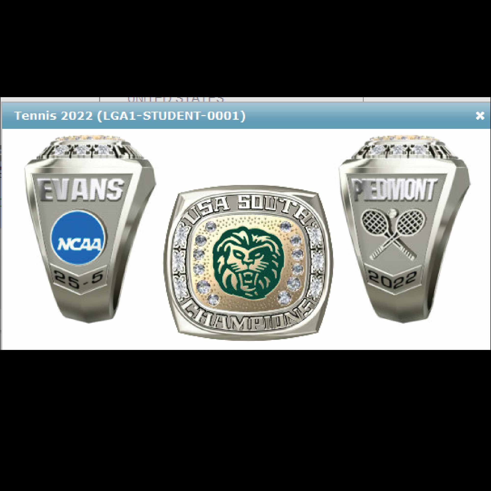 Piedmont University Women's Tennis 2022 USA South Championship Ring