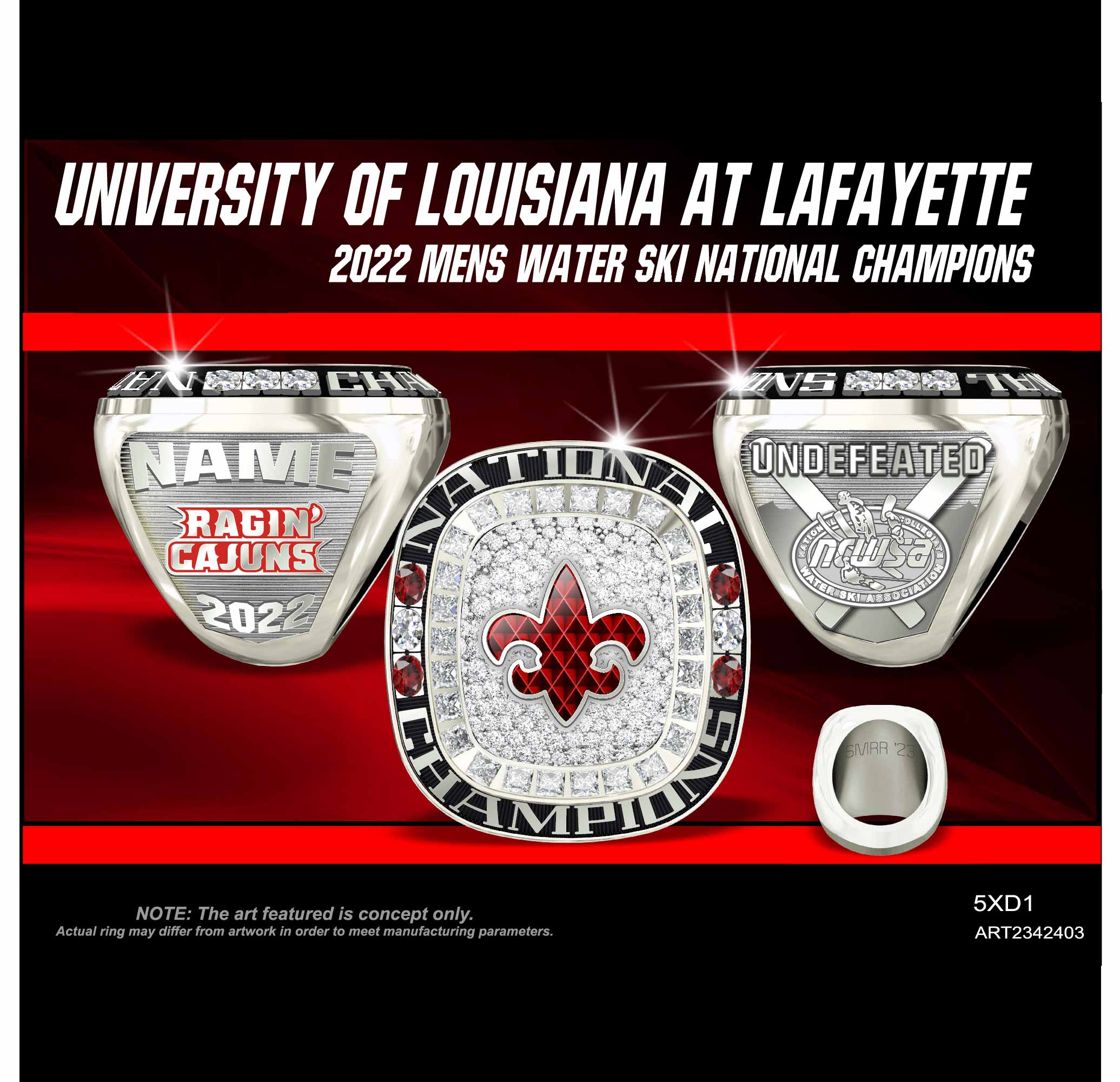 University of Louisiana Men's Water Ski 2022 National Championship Ring